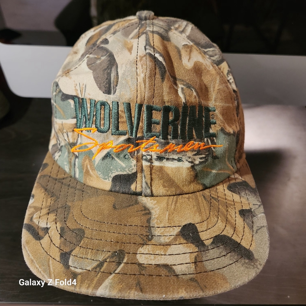 Vintage 90s Embroidered Wolverine Sportsmen Boots Camo Snapback Hat Made In USA